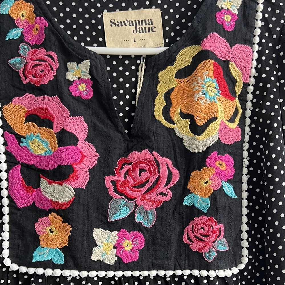 Savanna Jane Blouse Women Large Black Polka Dot Floral Embroidered - Picture 3 of 6